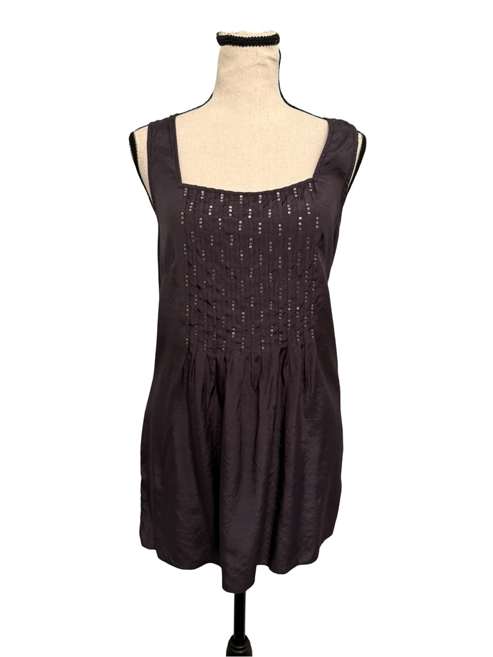 Coldwater Creek XS Brown Sequin Pleated Sleeveless Tunic Top Stretch Blouse